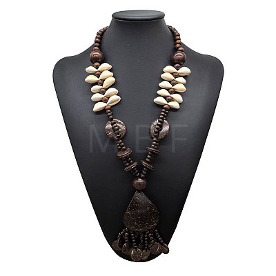 Boho Coconut & Wood & Natural Shell Handmade Ethnic Pendant Long Tassel Beaded Necklaces for Beach Vacation WG0A164-02-1