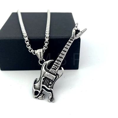 Punk Fashion 304 Stainless Steel Skull Guitar Pendant Necklaces for Unisex CY1349-1