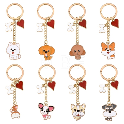 8Pcs 8 Styles Alloy Enamel Dog Heart Bone Pendant Keychain KEYC-YW00283-1