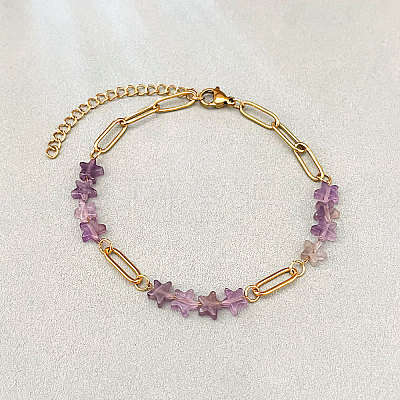 Natural Amethyst Star Beaded Bracelets with 304 Stainless Steel Paperclip Chains WGC91F5-03-1