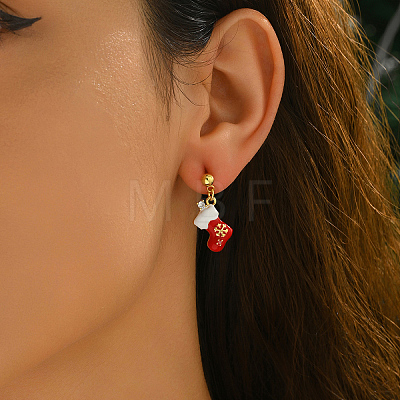 Christmas Socking Brass Enamel Dangle Stud Earrings QV0416-1