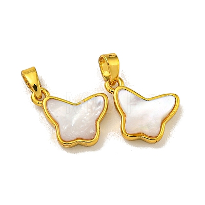 Rack Plating Brass Pave Natural White Shell Butterfly Charms KK-U025-01G-01-1