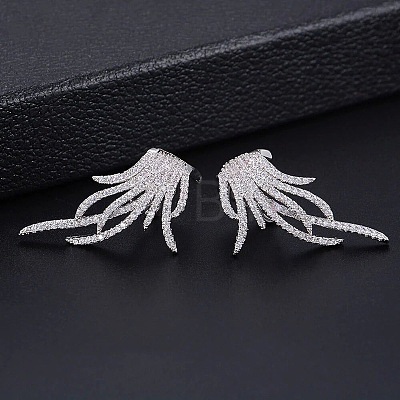 Feather Brass Micro Pave Clear Cubic Zirconia Hoop Earrings FS-WG65436-02-1