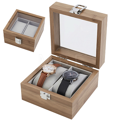 2-Slot Wooden Watch Display Cases with Glass Window Lid and Velvet Pillow Inside CON-WH0043-306A-1