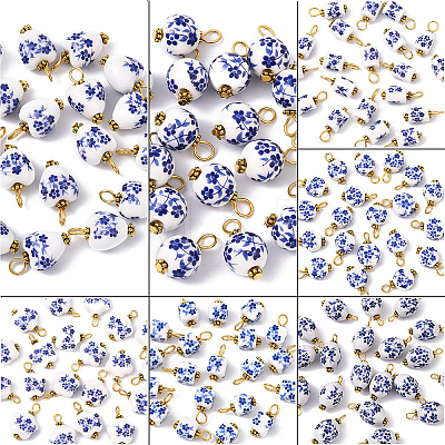 20Pcs Blue & White Floral Printed Porcelain Pendants PALLOY-YW00112-01-1