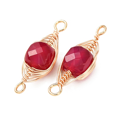 Natural Red Corundum Faceted Cube Links Connector Charms with Copper Herringbone Wire-Wrapped KK-Z152-06G-02A-1