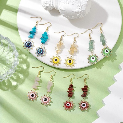 Evil Eye Natural & Synthetic Mixed Gemstone Chip & Seed Beads Dangle Earrings EJEW-MZ00166-1