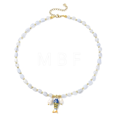 Brass Enamel Fish and Natural Pearl Rice Pendant Natural Blue Lace Agate Nuggets Beaded Necklaces for Women NJEW-JN06357-02-1