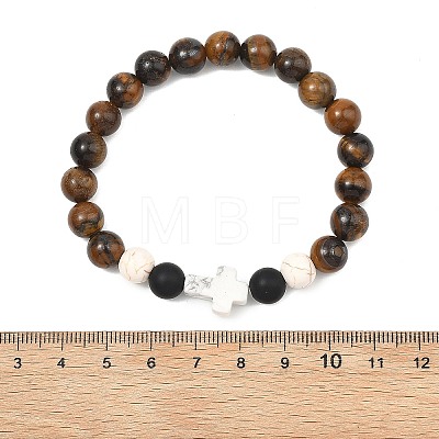 Natural Black Agate & Grade AB Tiger Eye & Howlite Beads Stretch Braceles for Women Men BJEW-JB13625-1