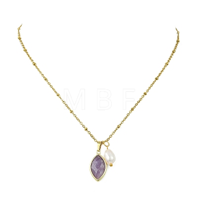 Natural Lepidolite Faceted Horse Eye & Natural Pearl Pendant 304 Stainless Steel Satellite Chain Necklaces for Women NJEW-JN06057-02-1