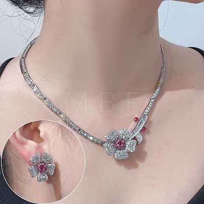 Flower Brass Micro Pave Cubic Zirconia Pendant Necklaces & Stud Earrings Sets WG63143-01-1