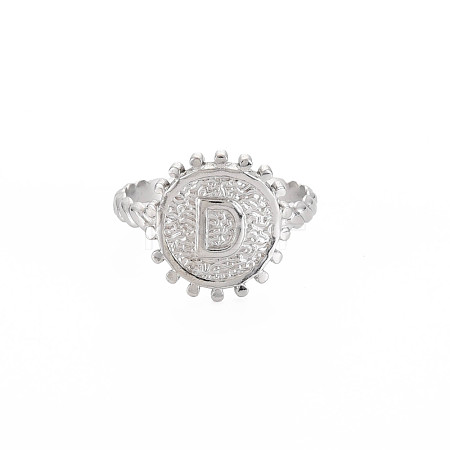 Non-Tarnish 304 Stainless Steel Flat Round with Initial Letter Open Cuff Ring for Men Women RJEW-S405-246P-D-1