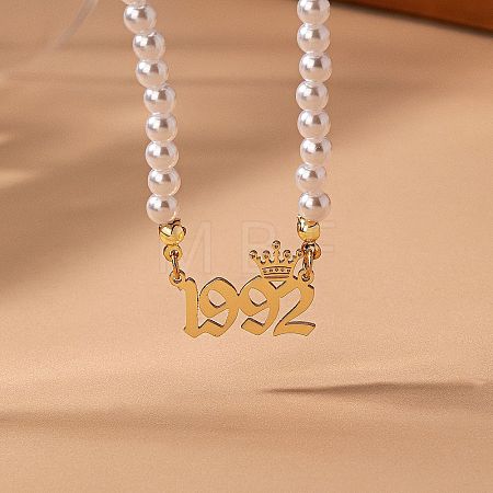 Alloy Crown Birth Year Pendant Imitation Pearl Round White Beaded Necklaces for Women FS-WG173C9-32-1