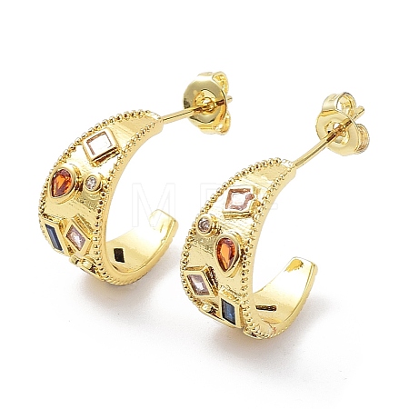 Colorful Cubic Zirconia Crescent Moon Stud Earrings X-EJEW-B027-17G-1