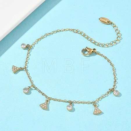 304 Stainless Steel Pave Clear Cubic Zirconia Triangel Charm Bracelets for Women BJEW-C151-03G-1