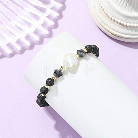 Natural Lava Rock & Larvikite & Selenite & Freshwater Shell Beads Stretch Bracelets for Women Men BJEW-JB13759-1