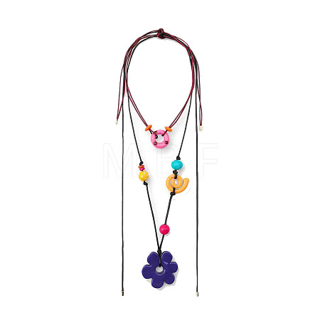 Resin and Wood Flower Conch Shape Pendant Waxed Cord Double Layer Necklaces for Women WG7D97B-01-1