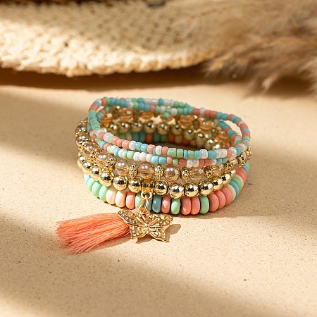 Bohemian Vacation Style Glass Beaded Charms Bracelets Set for Women VJ2934-10-1