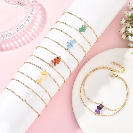 Brass Cable Chains & Natural Gemstone Chip Beads Double Layers Bracelets for Women BJEW-JB14134-1