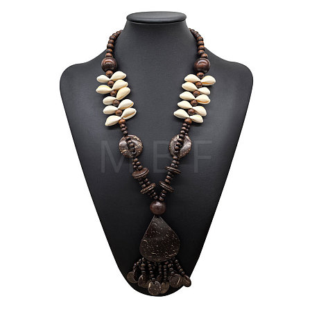 Boho Coconut & Wood & Natural Shell Handmade Ethnic Pendant Long Tassel Beaded Necklaces for Beach Vacation WG0A164-02-1