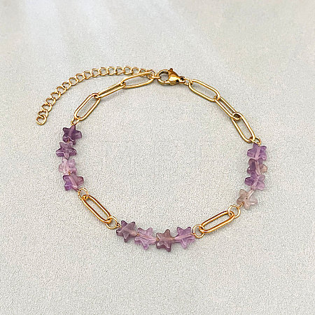 Natural Amethyst Star Beaded Bracelets with 304 Stainless Steel Paperclip Chains WGC91F5-03-1