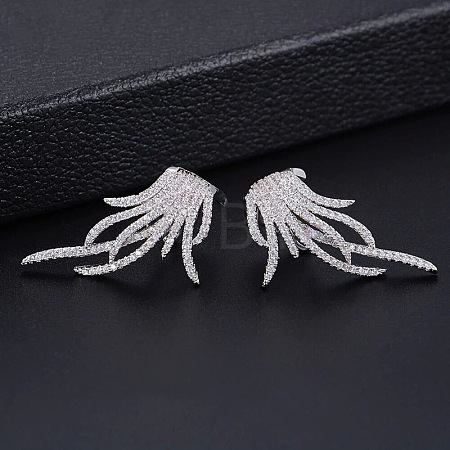Feather Brass Micro Pave Clear Cubic Zirconia Hoop Earrings FS-WG65436-02-1