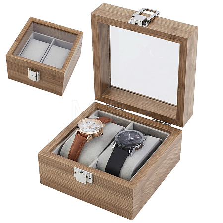 2-Slot Wooden Watch Display Cases with Glass Window Lid and Velvet Pillow Inside CON-WH0043-306A-1