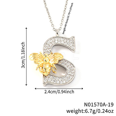 Brass Micro Pave Clear Cubic Zirconia Bee Initial Pendant Necklaces FS-WGF5E80-19-1
