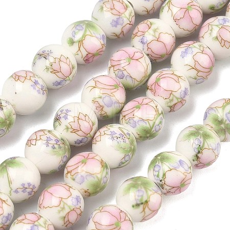 Handmade Flower Printed Porcelain Ceramic Beads Strands PORC-M007-10mm-07-1