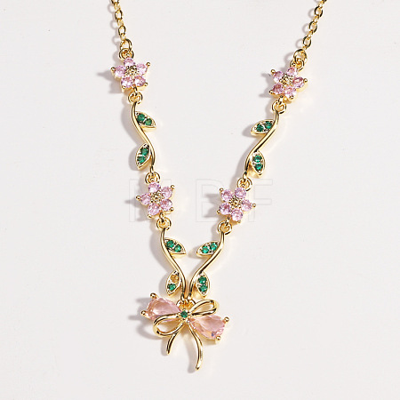 Brass Pave Cubic Zirconia Flower Bowknot Pendant Necklaces for Women WGA7CA3-05-1