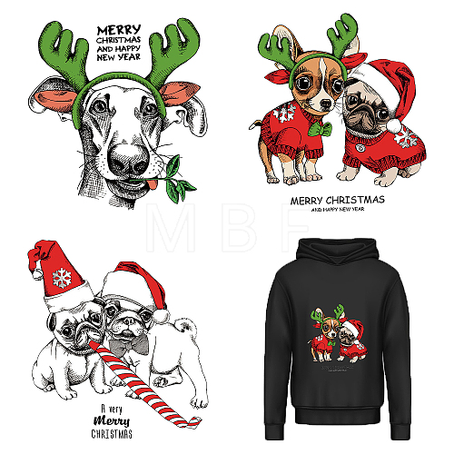 3Pcs 3 Style Christmas Theme Word & Dog/Reindeer Pet Film with Hot Melt Adhesive Heat Transfer Film DIY-CN0001-38-1