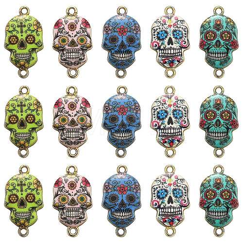 25Pcs 5 Styles Cinco de Mayo Sugar Skull Alloy Enamel Connector Charms ENAM-CJ0003-53-1