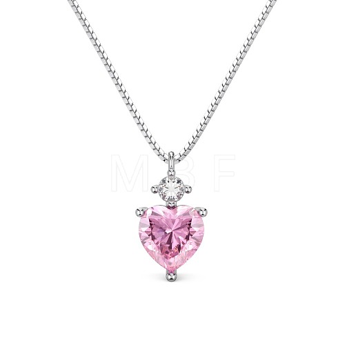 Rhodium Plated 925 Sterling Silver Pave Clear & Pink Cubic Zirconia Box Chain Heart Pendant Necklaces for Women NJEW-Q342-12P-1