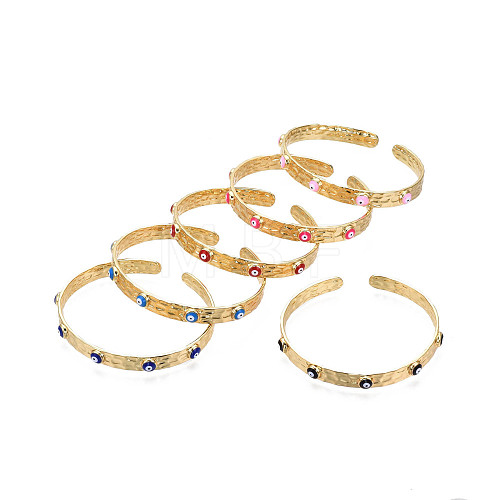 Real 18K Gold Plated Brass Open Cuff Bangle with Enamel Evil Eye for Women BJEW-Q023-014-1