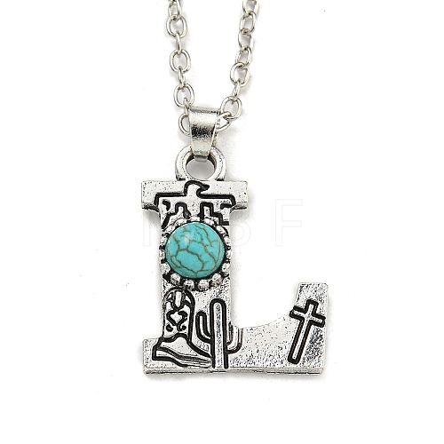 Letter A~Z Antique Silver Plated Alloy with Synthetic Turquoise Pendant Necklace NJEW-G080-01L-1