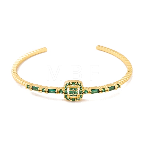 Brass Pave Green Glass Open Cuff Bangles for Women BJEW-S147-15G-C-1