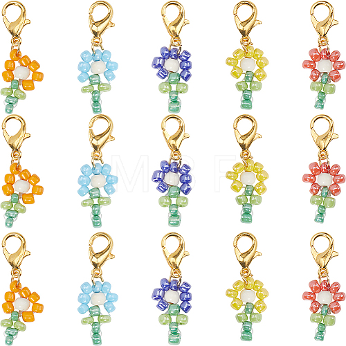 SUNNYCLUE 30Pcs Dyed Synthetic Turquoise & Glass Seed Beaded Flower Pendant Locking Stitch Markers HJEW-SC0001-55-1