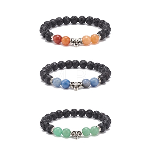 3Pcs 3 Style Natural Mixed Gemstone Round Beaded Stretch Bracelets Set with Alloy Tube for Women BJEW-JB08477-1