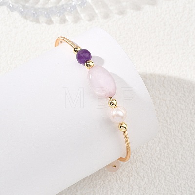 Round & Oval Natural Kunzite & Amethyst & Rose Quartz & Cultured Freshwater Pearl & Non-magnetic Synthetic Hematite Beaded Bangles BJEW-JB14080-02-1