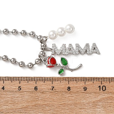 Mother's Day Brass Micro Pave Clear Cubic Zirconia Enamel Red Rose Flower Mama Pendant Necklaces for Women NJEW-A071-02P-1