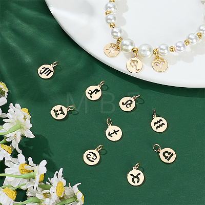 12Pcs 12 Styles Flat Round with Twelve Constellations Brass Charms PALLOY-WR00028-1