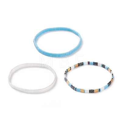 3Pcs 3 Style Glass Seed Rectangle Beaded Stretch Bracelets Set BJEW-JB09037-1