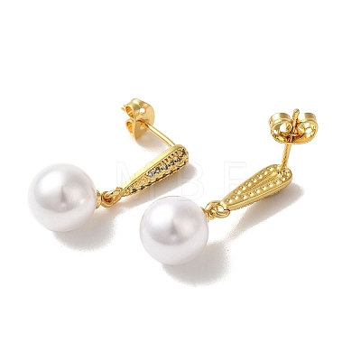 Rack Plating Brass Micro Pave Clear Cubic Zirconia & ABS Plastic Pearl Dangle StudEarrings for Women EJEW-G403-07G-1