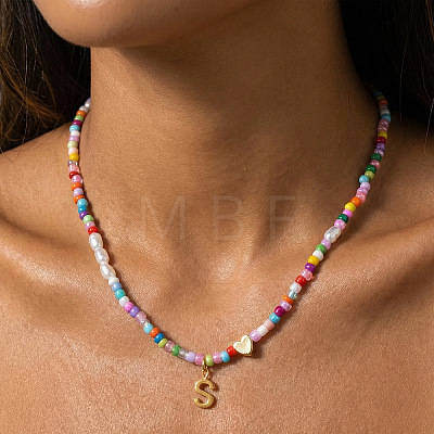 Colorful Beaded Heart Letter Necklace with Pearl Elements Stainless Steel Pendant Jewelry TR2146-19-1