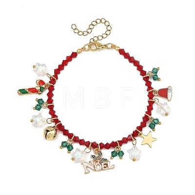 Alloy Enamel Christmas Hat Holly Leaves Charm K9 Glass Faceted Bicone Beaded Bracelets BJEW-TA00764-1