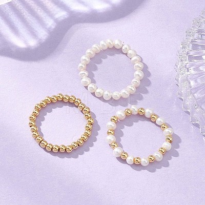 3Pcs Natural Pearl & Brass Bead Finger Rings RJEW-JR00963-1