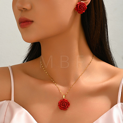 Elegant Iron Resin Rose Flower Stud Earrings & Pendant Necklaces Sets for Women ZC5626-1