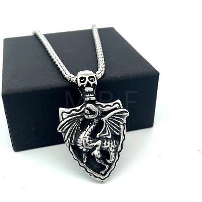 Vintage 304 Stainless Steel Skull Shield with Dragon Pendant Necklaces for Men IV2024-1