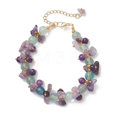 Brass & Natural Mixed Gemstone Chip & Round Beads Bracelets for Women BJEW-JB13151-03-1