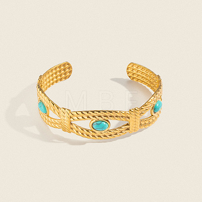304 Stainless Steel Vintage Synthetic Turquoise Eye Open Cuff Bangles for Women WJ2970-1